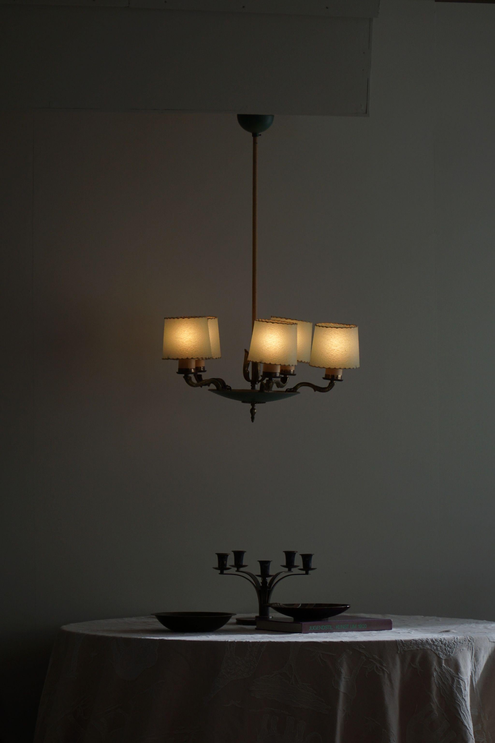 Finnish Paavo Tynell, Chandelier in Brass & Metal, 1374, Made by Taito OY, 1930s