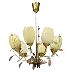 Paavo Tynell, Chandelier, Milk Glass, Brass, Finland, 1950s