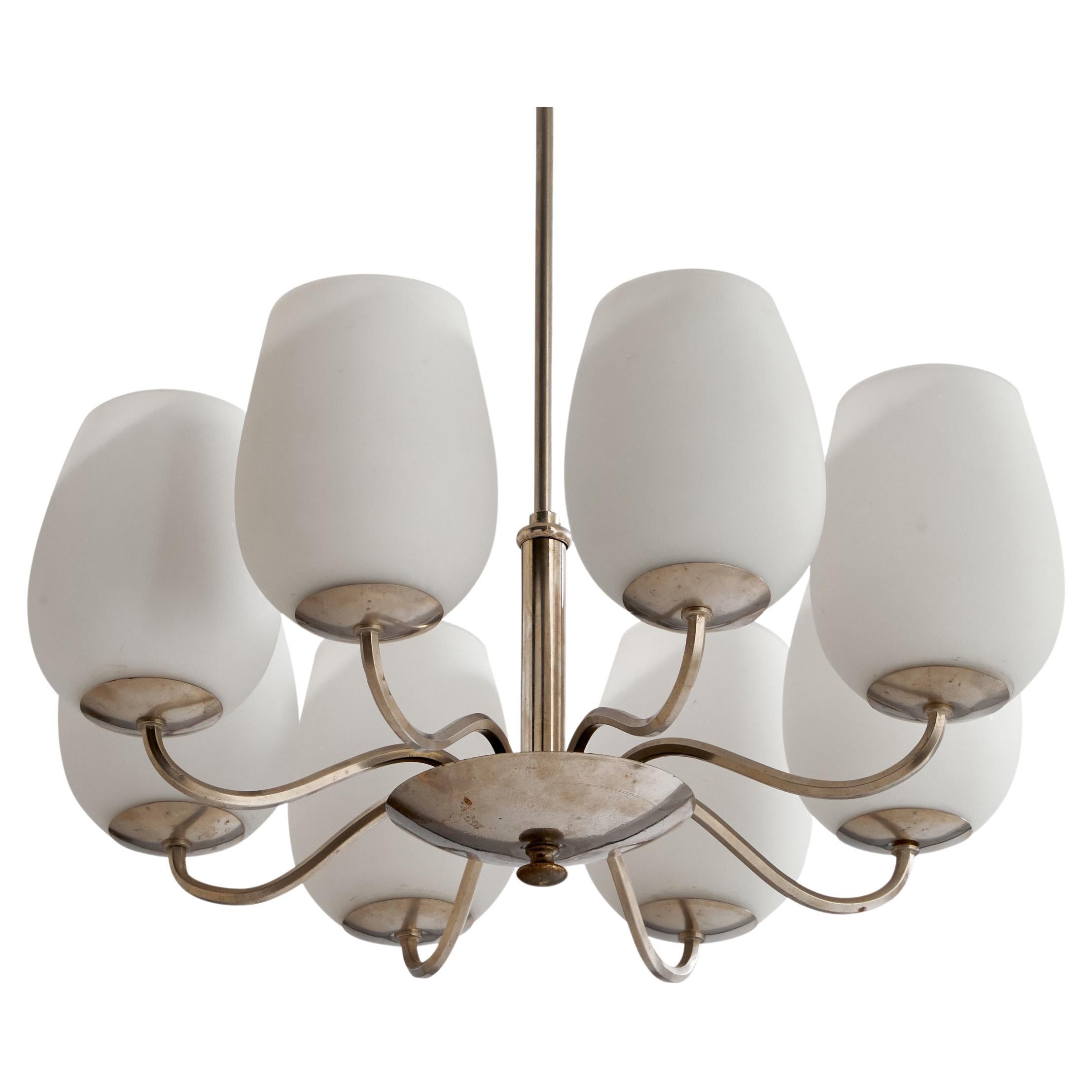 Paavo Tynell, Chandelier, Nickel-plated Brass, Glass, Finland, 1940s For Sale
