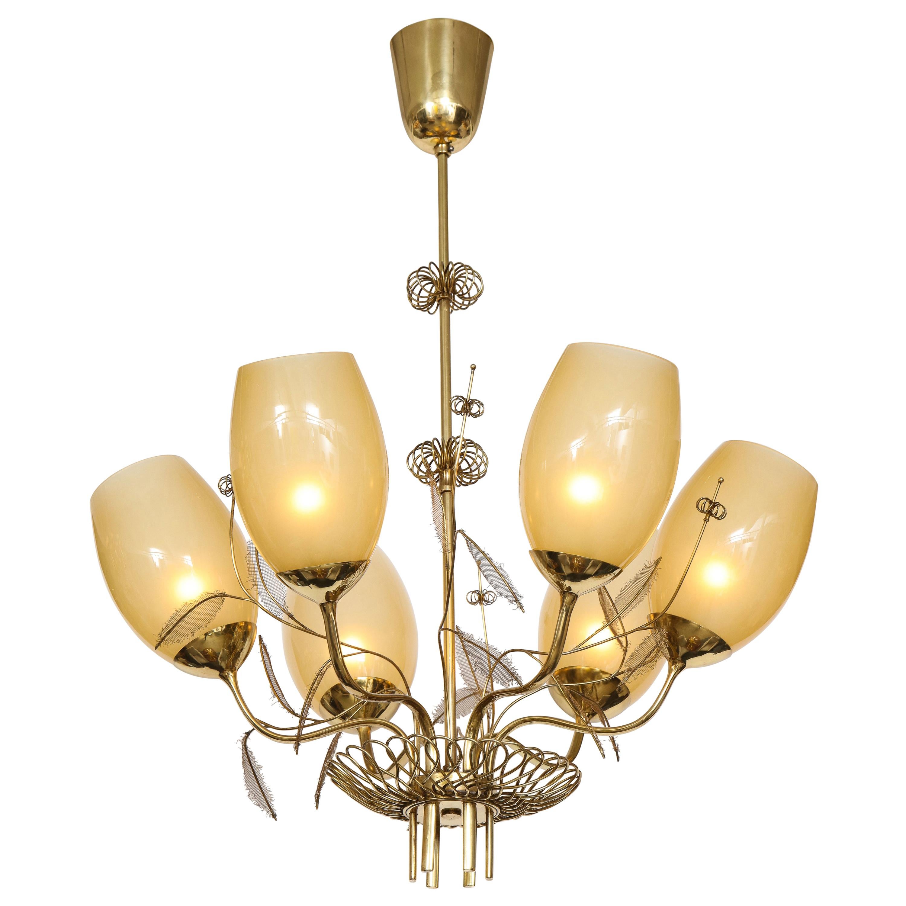 Paavo Tynell Chandelier Model 9029/6 in Brass and Amber Glass For Sale