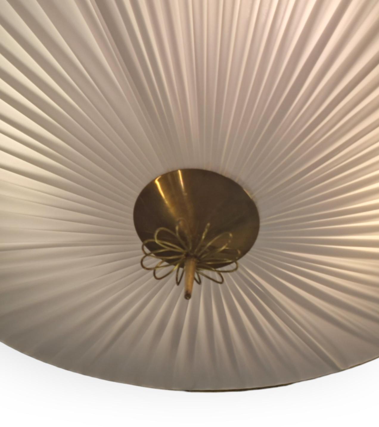 Scandinavian Modern Monumental Paavo Tynell Commissioned Flush Mount in Brass & Fabric, Taito 1950s