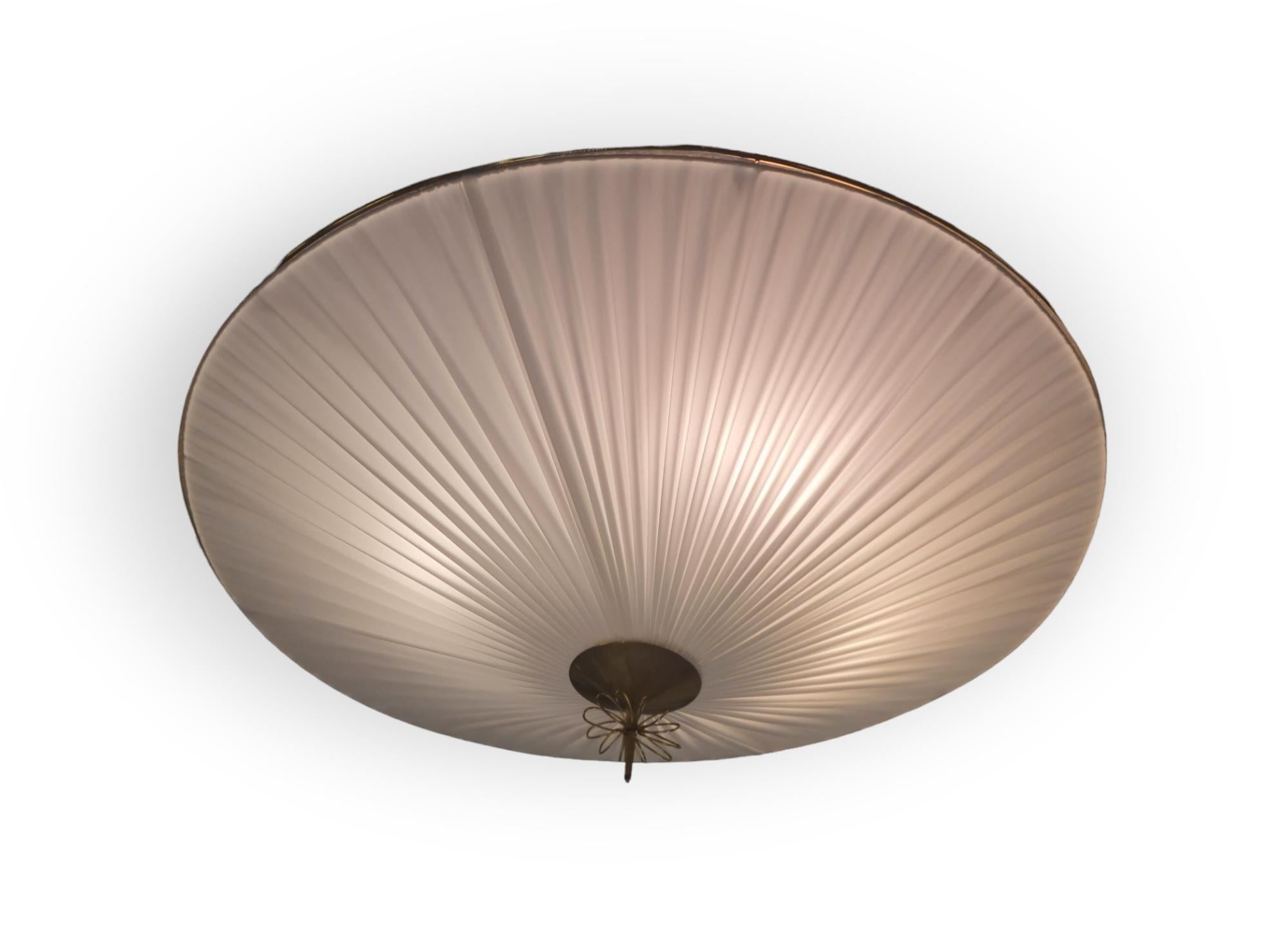 Mid-20th Century Monumental Paavo Tynell Commissioned Ceiling Lamp, In Brass and Fabric, Taito Oy For Sale