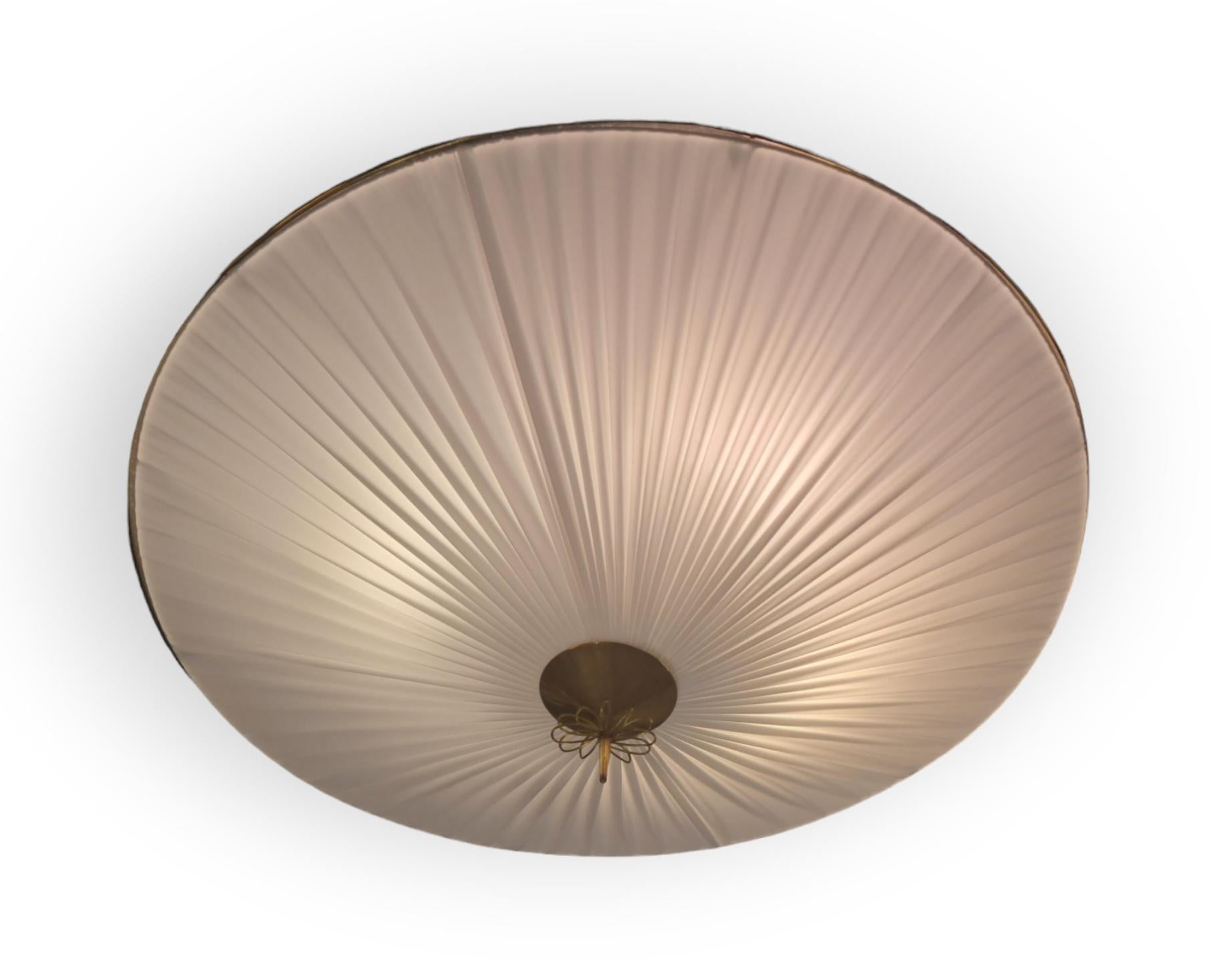 Monumental Paavo Tynell Commissioned Flush Mount in Brass and Fabric, Taito Oy For Sale 1