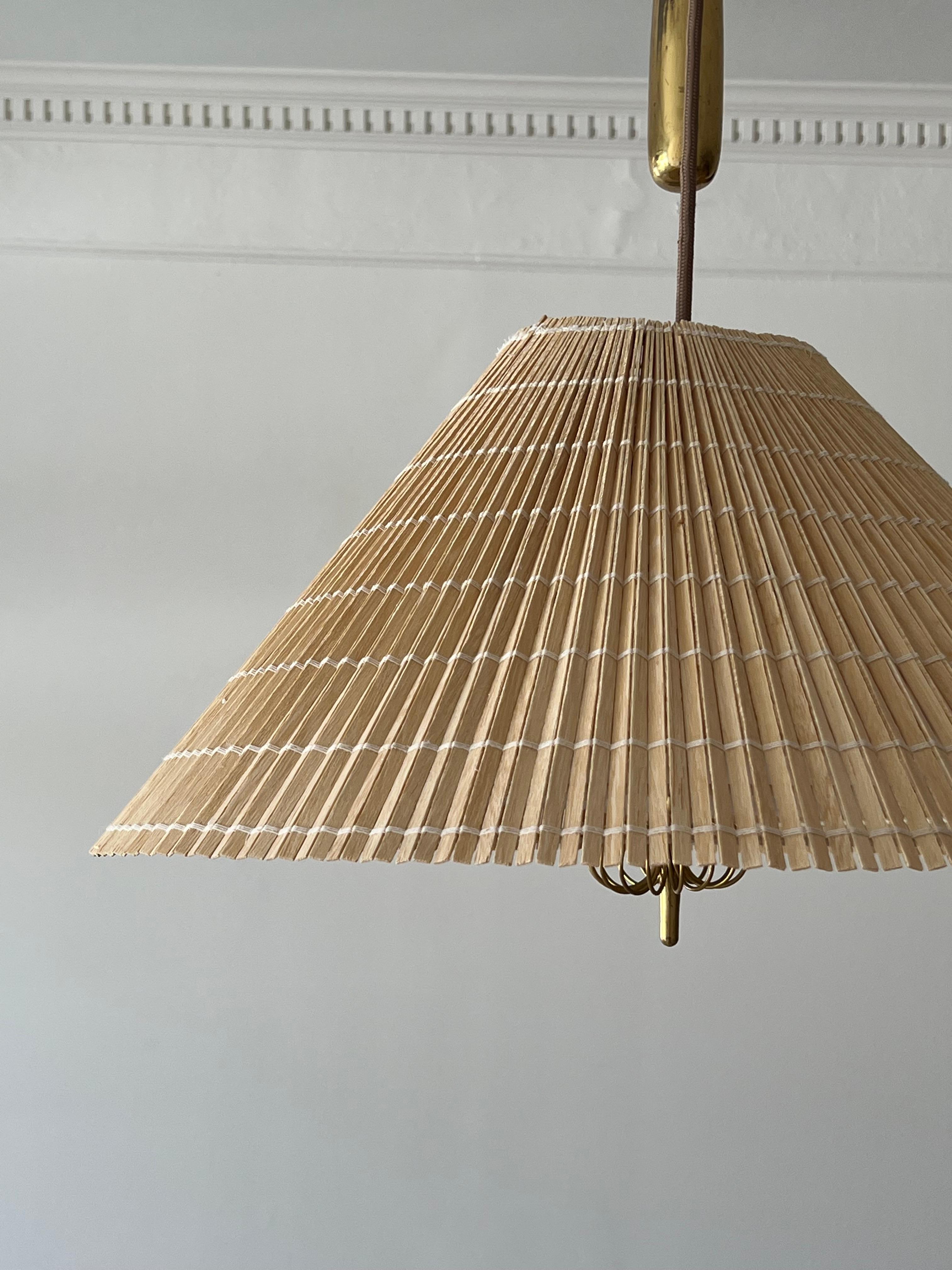 Finnish Paavo Tynell, Counter-Weight Pendant, Brass, Paper, Reed, Taito, Finland, 1940s