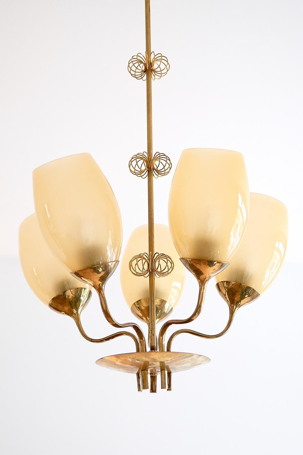 Scandinavian Modern Paavo Tynell Five Arm Brass Chandelier Designed for Kuopio Hospital, Taito, 1949