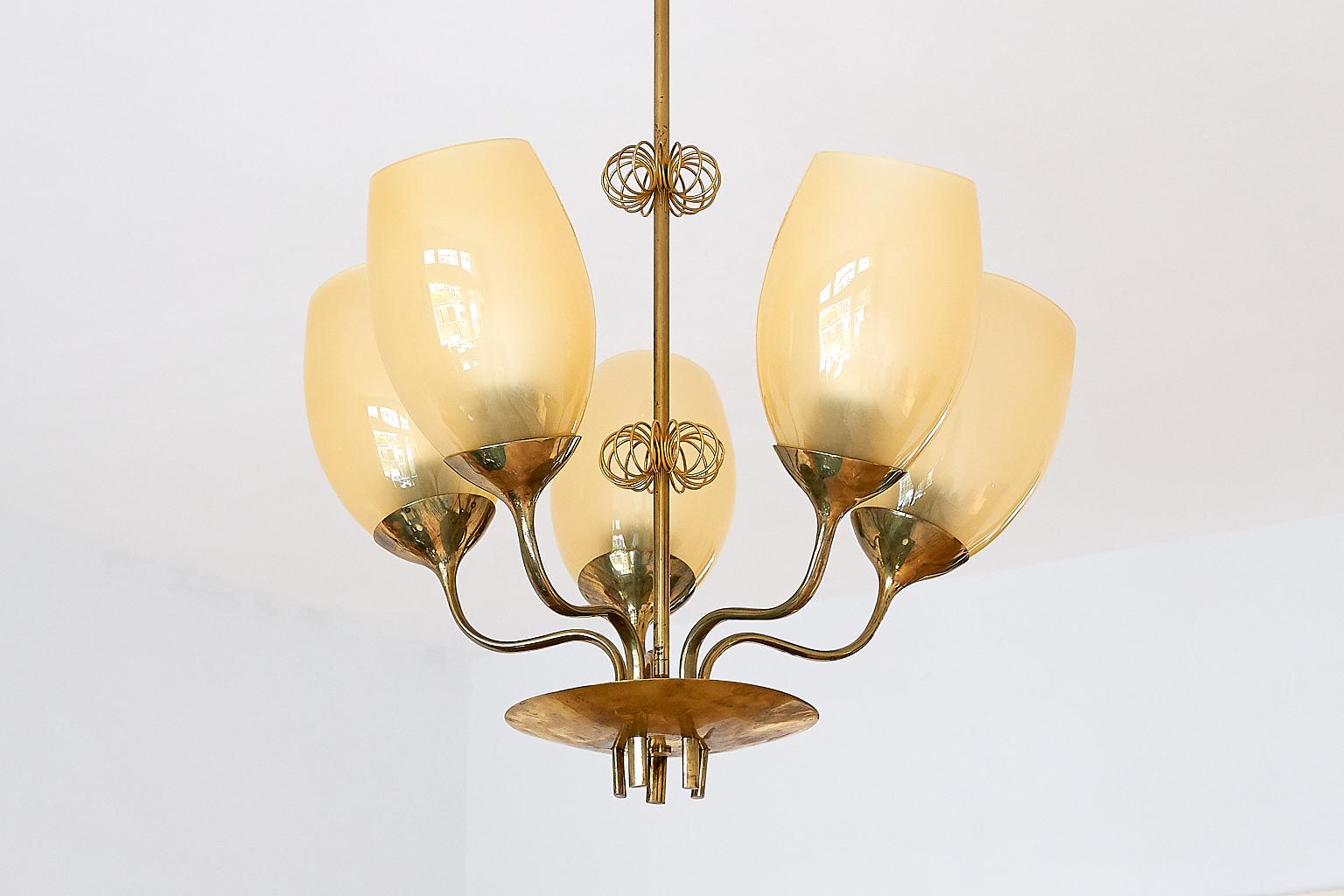Finnish Paavo Tynell Five Arm Brass Chandelier Designed for Kuopio Hospital, Taito, 1949
