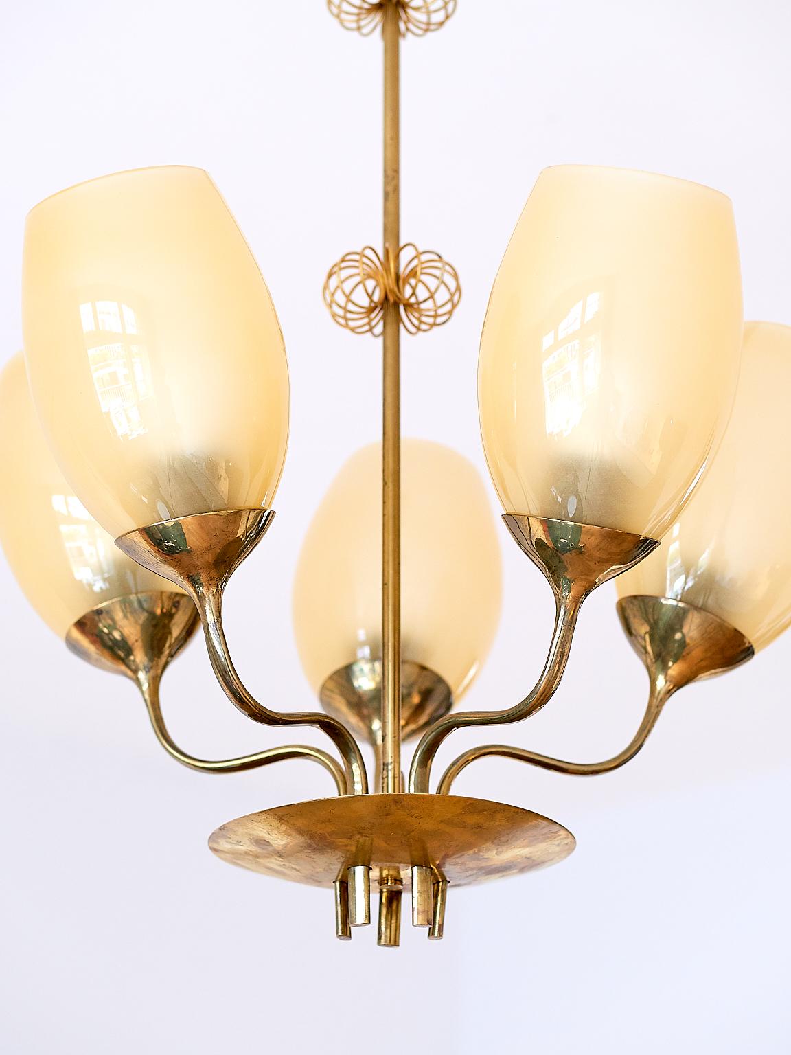 Mid-20th Century Paavo Tynell Five Arm Brass Chandelier Designed for Kuopio Hospital, Taito, 1949