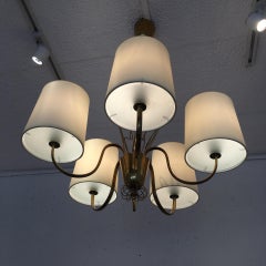 Paavo Tynell Five-Arm Chandelier in Brass, Taito, Finland, 1950s