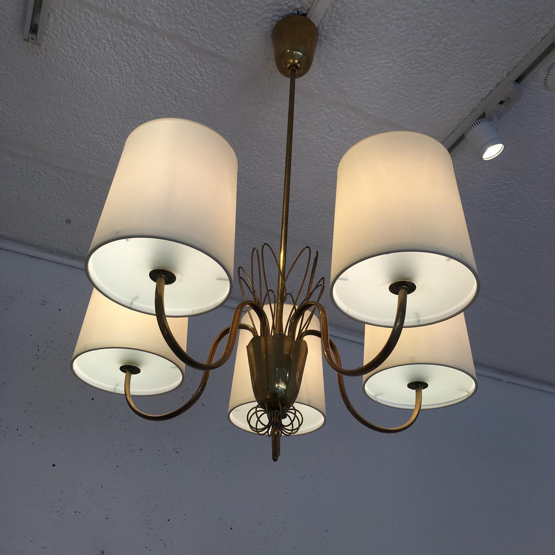 Finnish Paavo Tynell Five-Arm Chandelier in Brass, Taito, Finland, 1950s For Sale