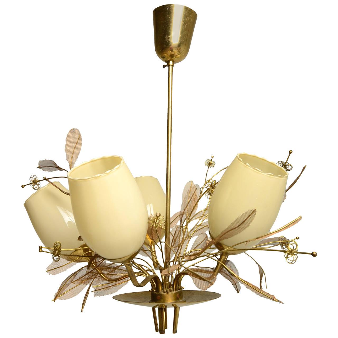Scandinavian Modern Paavo Tynell Five-Arm Chandelier with Florals