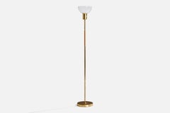 Paavo Tynell, Floor Lamp, Brass, Rattan, Glass, Finland, 1950s