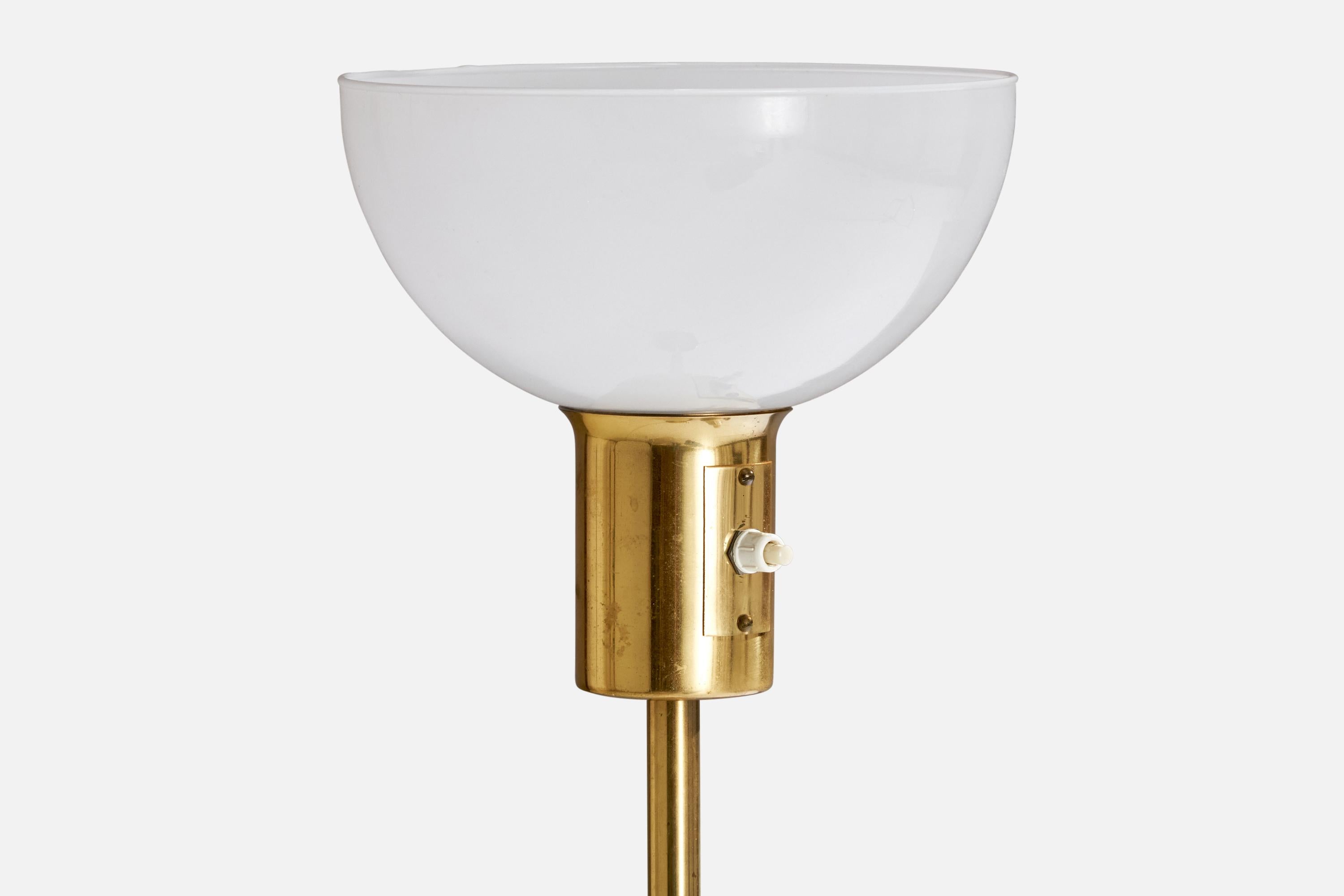 Scandinavian Modern Paavo Tynell, Floor Lamp, Brass, Rattan, Glass, Finland, 1950s For Sale