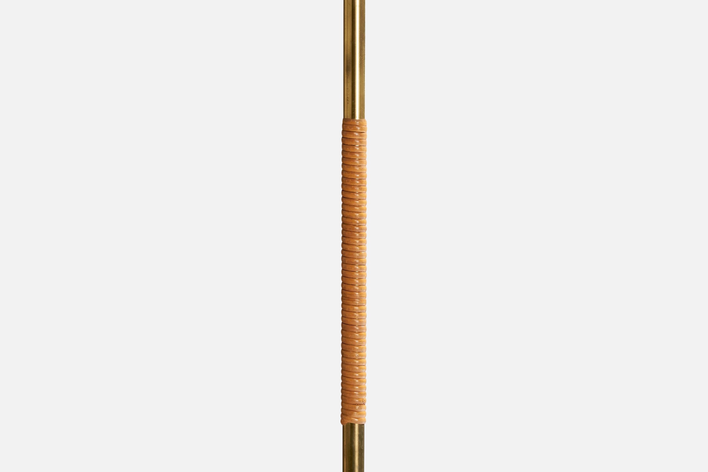 Finnish Paavo Tynell, Floor Lamp, Brass, Rattan, Glass, Finland, 1950s For Sale