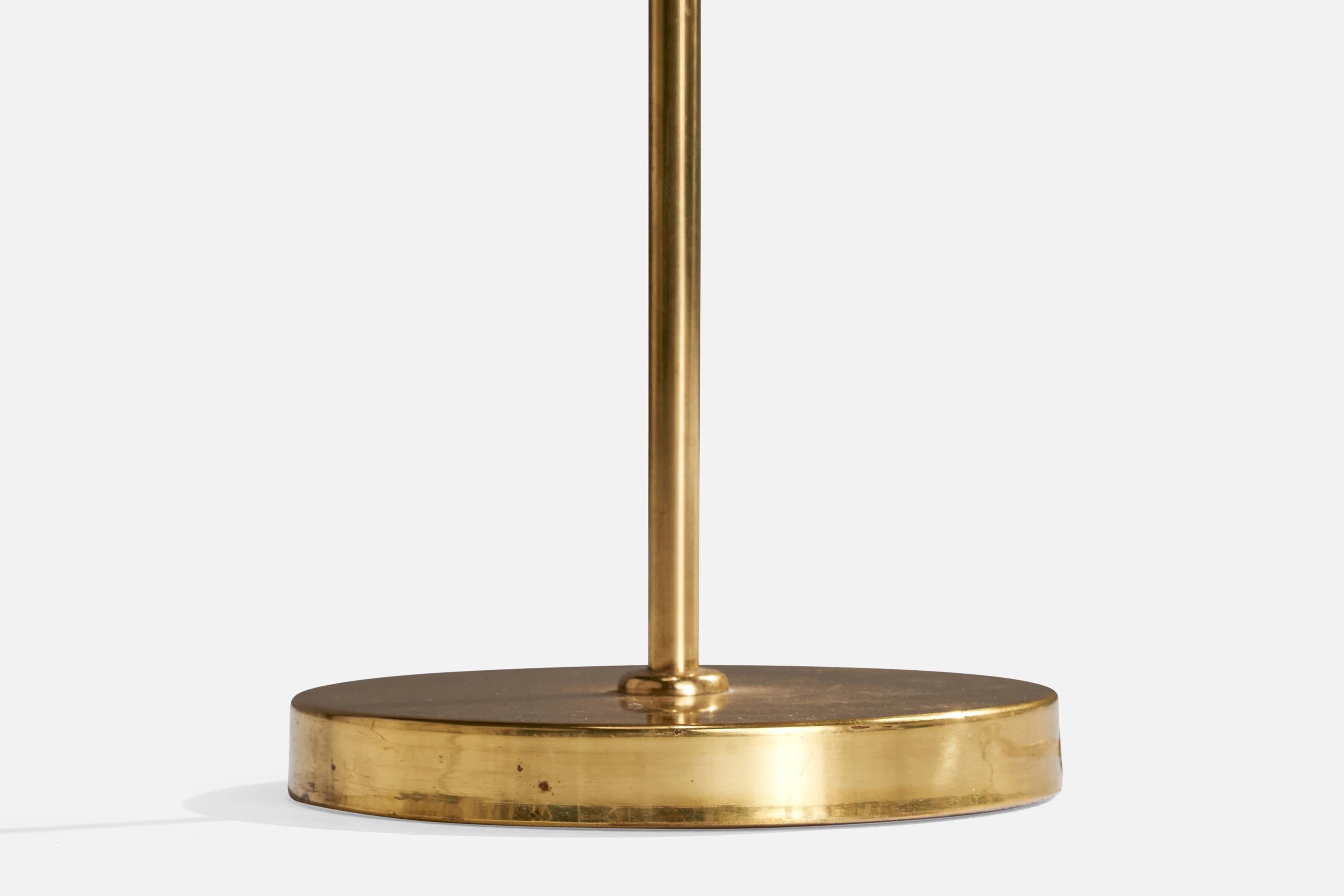 Mid-20th Century Paavo Tynell, Floor Lamp, Brass, Rattan, Glass, Finland, 1950s For Sale