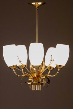 Paavo Tynell Floral Themed Brass & Blown Glass Chandelier for Glashütte Limburg