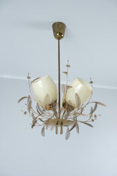 Paavo Tynell Flower Bouquet Chandelier 9029/4, Brass and Opal Glass, Taito 1950s