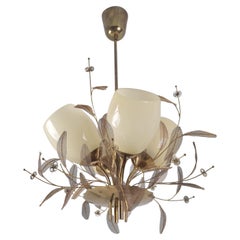 Paavo Tynell Flower Bouquet Chandelier 9029/4, Brass and Opal Glass, Taito 1950s