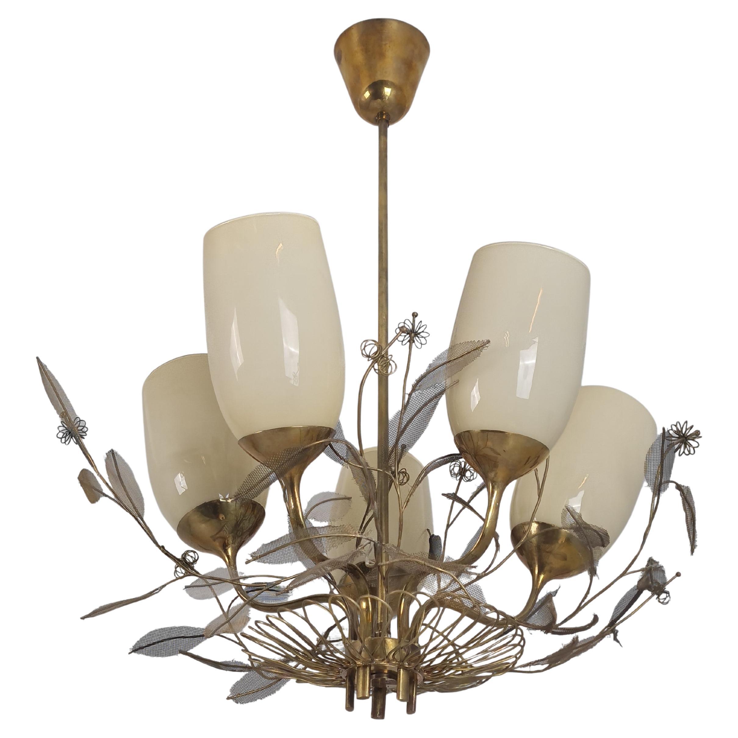 Lustre Paavo Tynell Flower Bouquet 9029/5 en laiton et verre, Taito années 1950 en vente