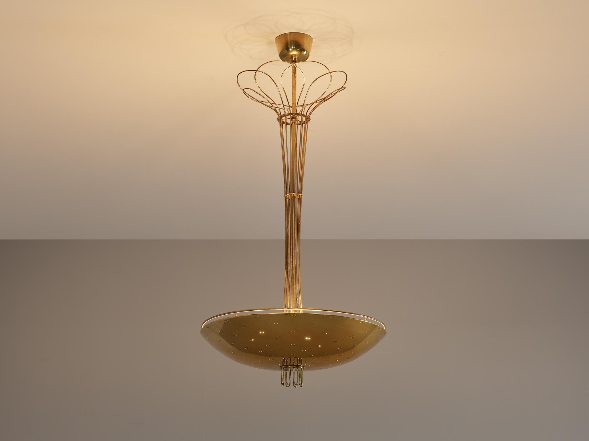 Paavo Tynell for Idman, chandelier, polished brass, perforated brass, Finland, circa 1950

This majestic chandelier is designed by the master in the fields of lighting Paavo Tynell for Idman around 1950. The original design of this particular model