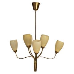 Paavo Tynell for Idman Model 9007/8 Chandelier in Brass & Milk Glass, Finland