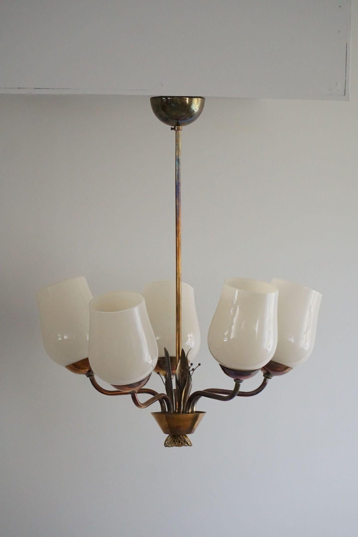 Paavo Tynell for Idman OY, Chandelier in Brass & Glass, 51145, Finland, 1940s 6