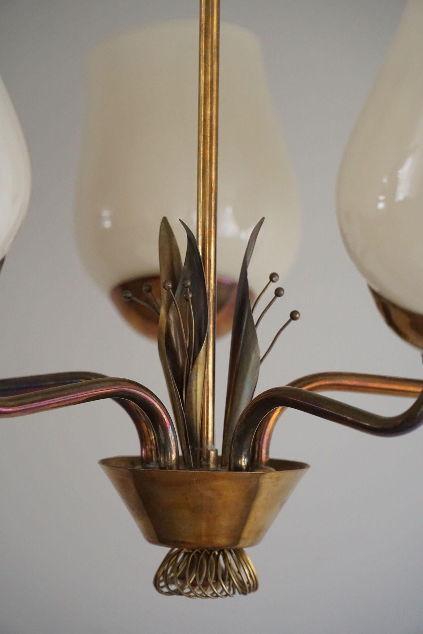 Art Deco Paavo Tynell for Idman OY, Chandelier in Brass & Glass, 51145, Finland, 1940s