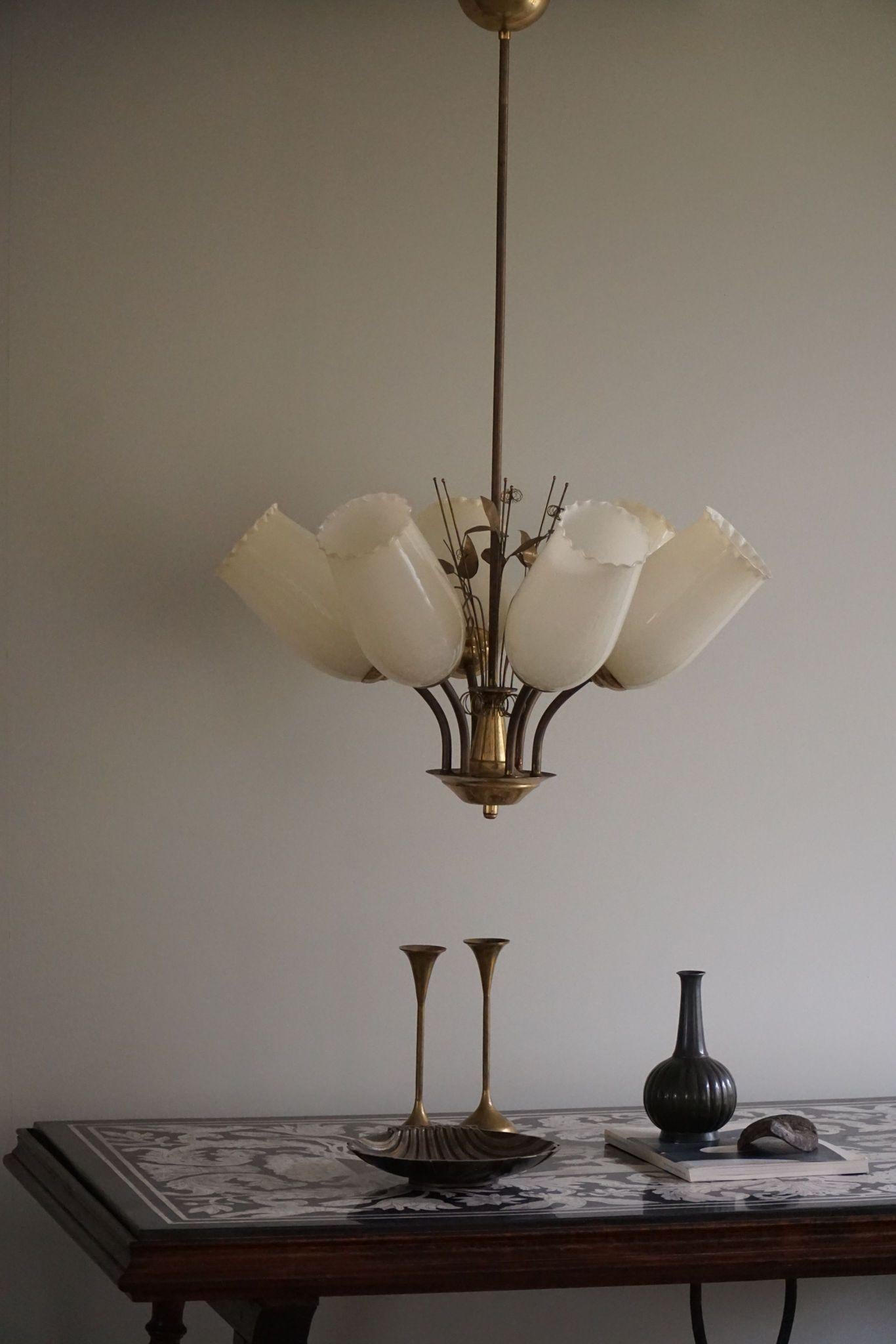 Paavo Tynell for Idman OY, Chandelier in Brass & Glass, Finland, 1940s For Sale 8