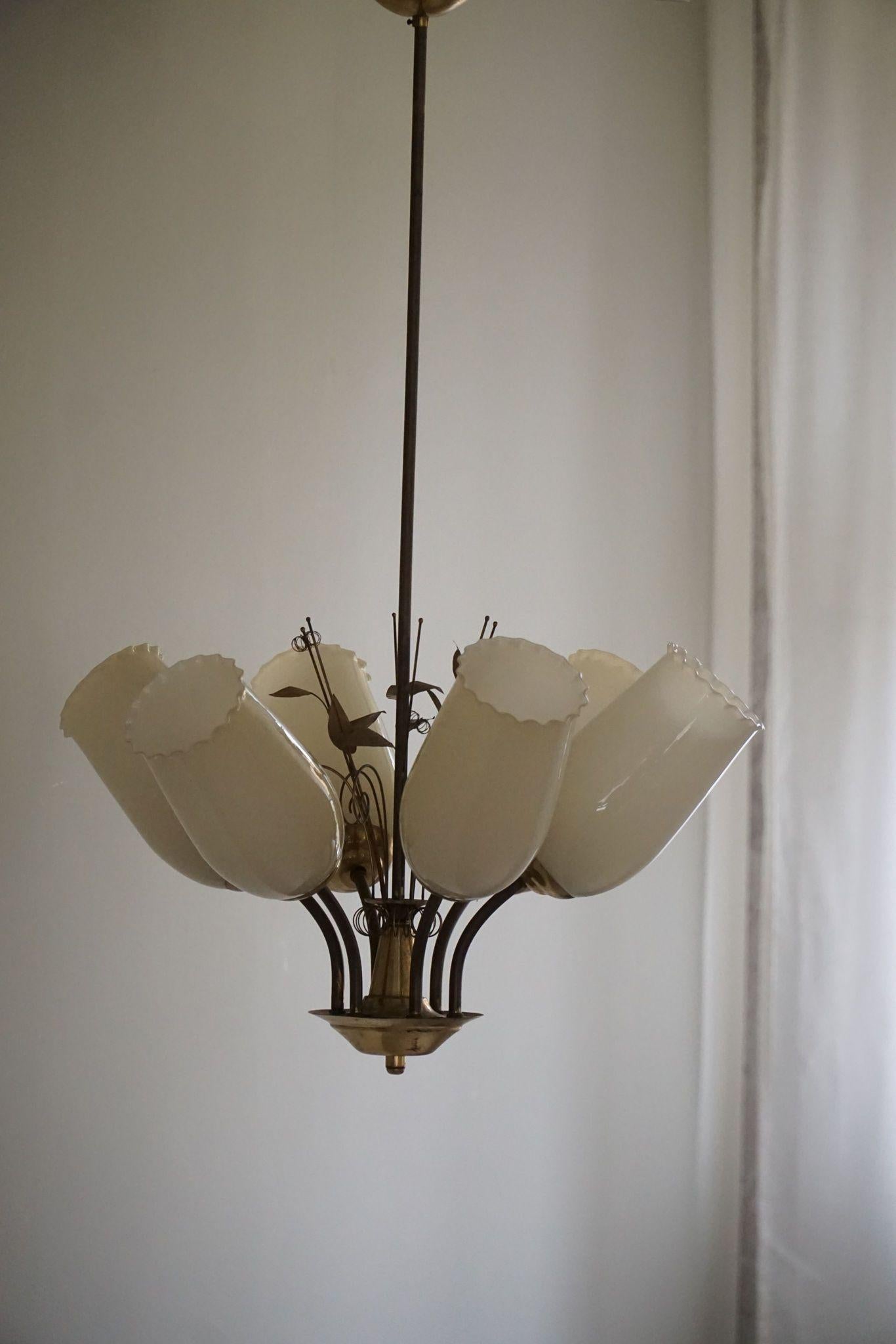 Finnish Paavo Tynell for Idman OY, Chandelier in Brass & Glass, Finland, 1940s For Sale