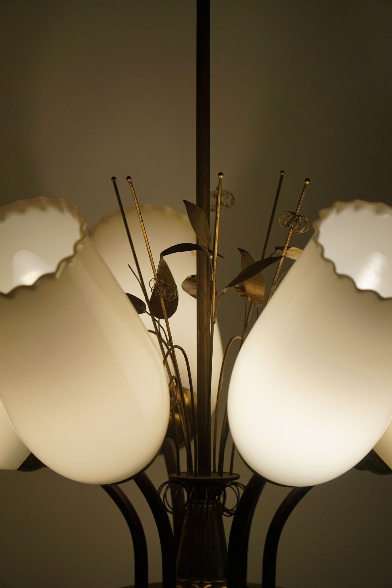 20th Century Paavo Tynell for Idman OY, Chandelier in Brass & Glass, Finland, 1940s For Sale