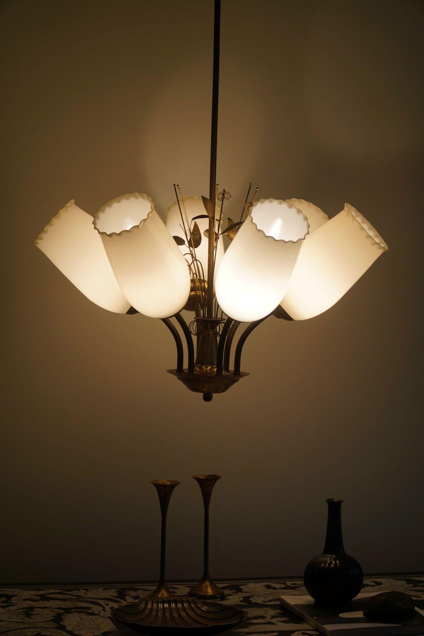 Metal Paavo Tynell for Idman OY, Chandelier in Brass & Glass, Finland, 1940s For Sale