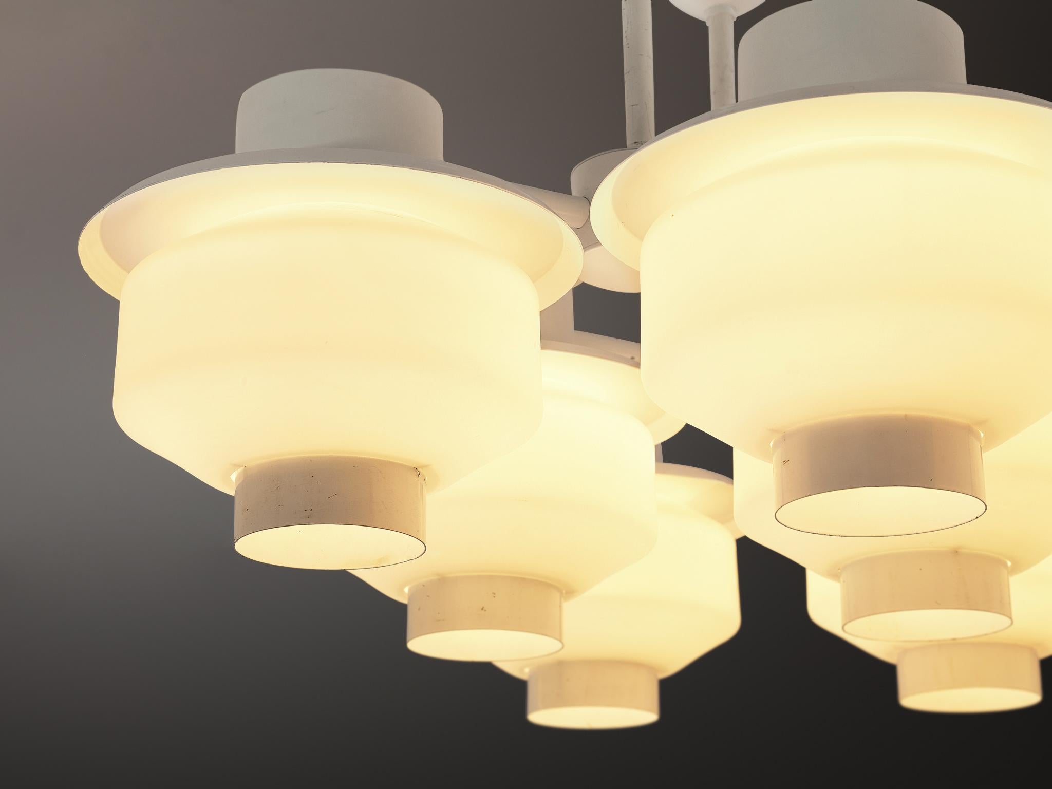 Scandinavian Modern Paavo Tynell for Idman Rare Chandelier in White Steel and Opaline Glass