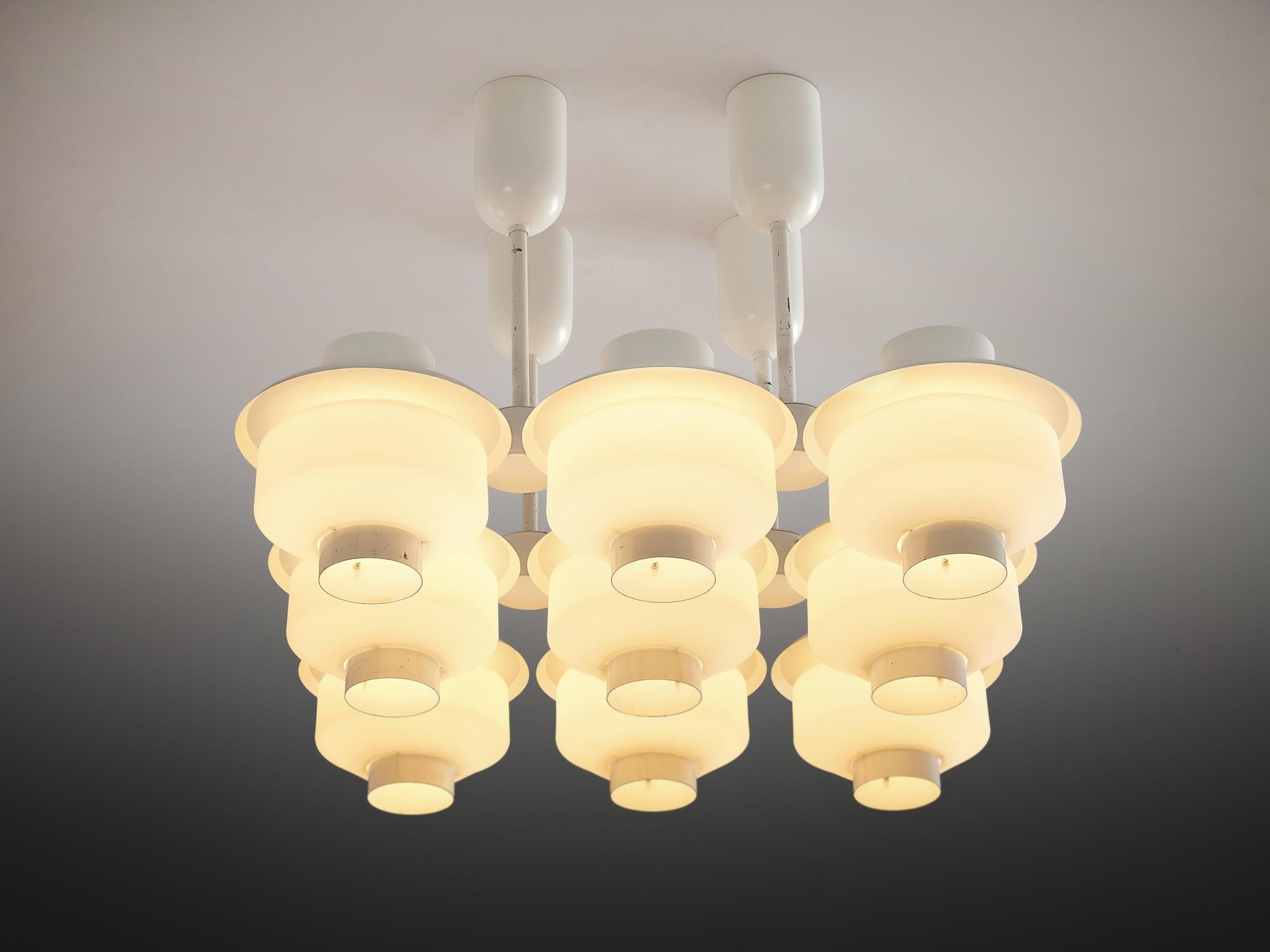 Finnish Paavo Tynell for Idman Rare Chandelier in White Steel and Opaline Glass