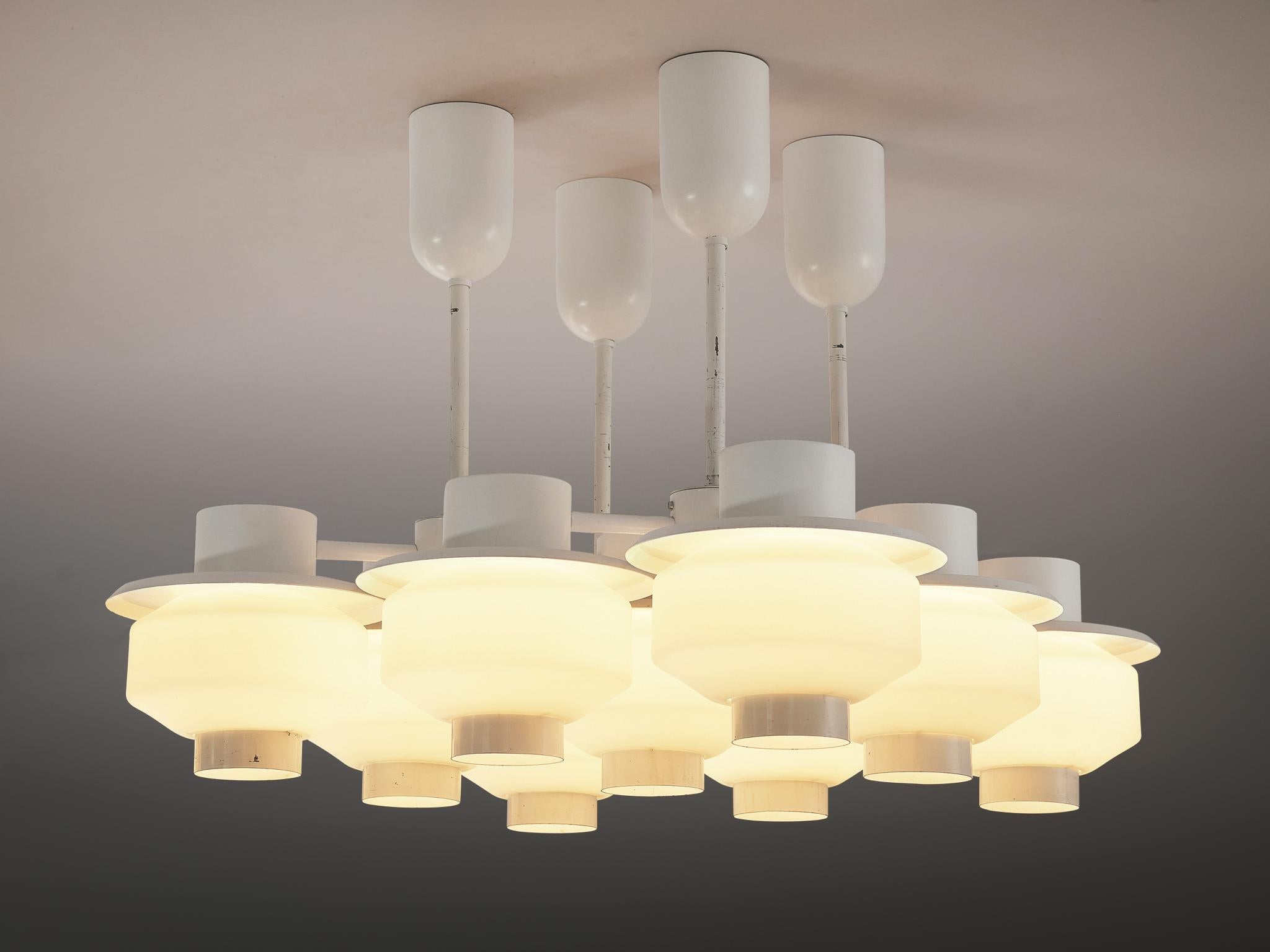 Paavo Tynell for Idman Rare Chandelier in White Steel and Opaline Glass In Good Condition In Waalwijk, NL