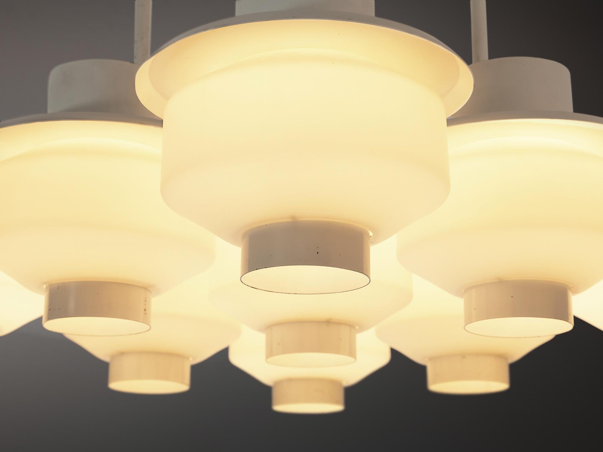 Mid-20th Century Paavo Tynell for Idman Rare Chandelier in White Steel and Opaline Glass