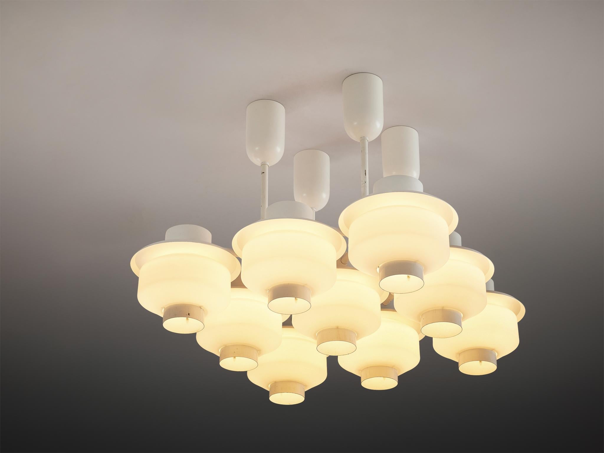 Paavo Tynell for Idman Rare Chandelier in White Steel and Opaline Glass 1