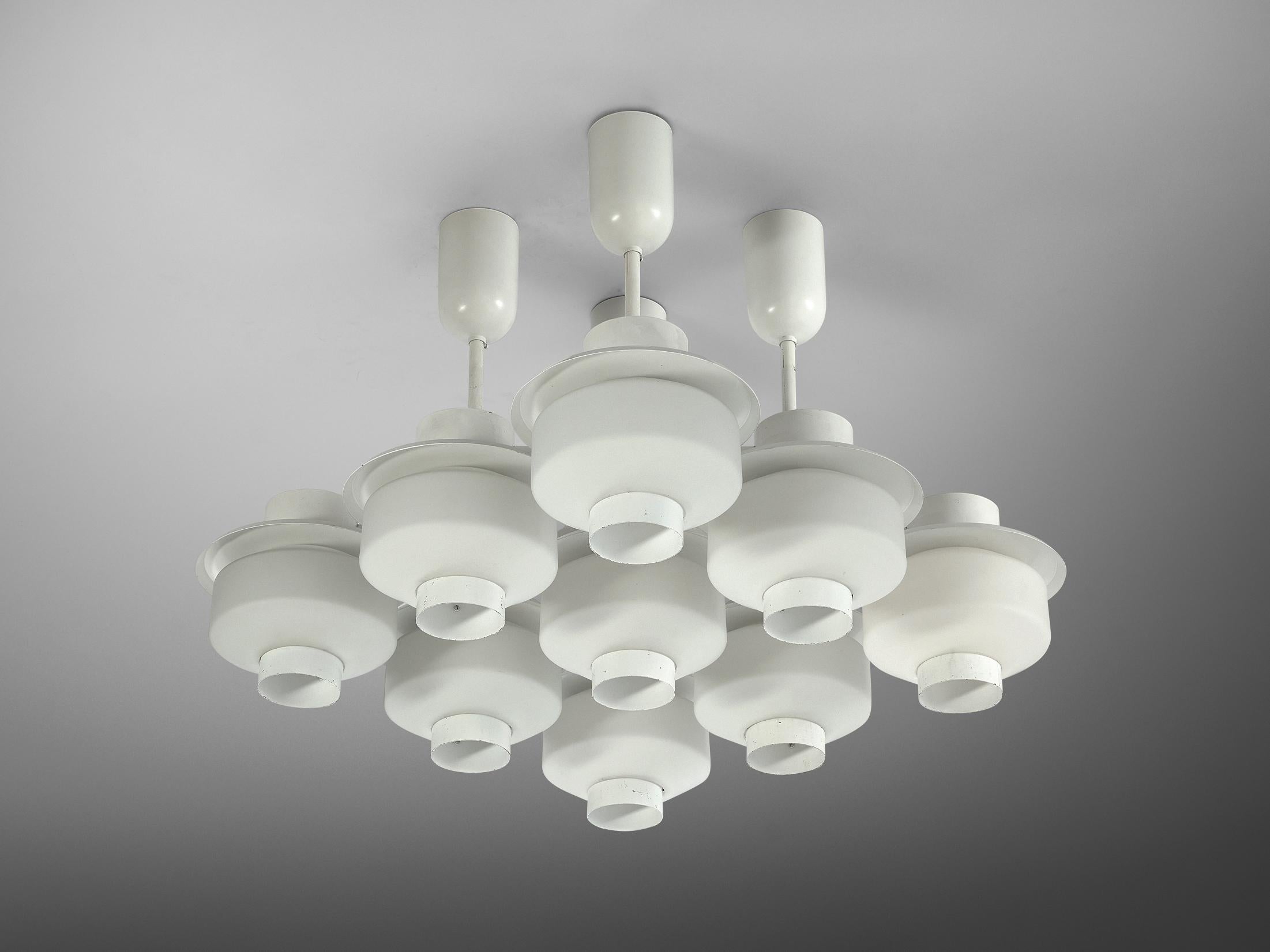 Paavo Tynell for Idman Rare Chandelier in White Steel and Opaline Glass 3