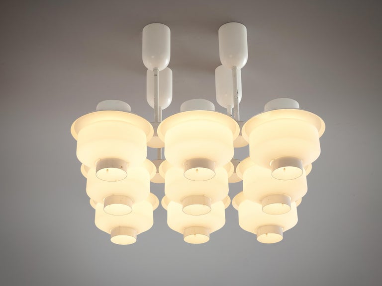 Finnish Paavo Tynell for Idman Rare Chandeliers in White Metal and Opaline Glass For Sale