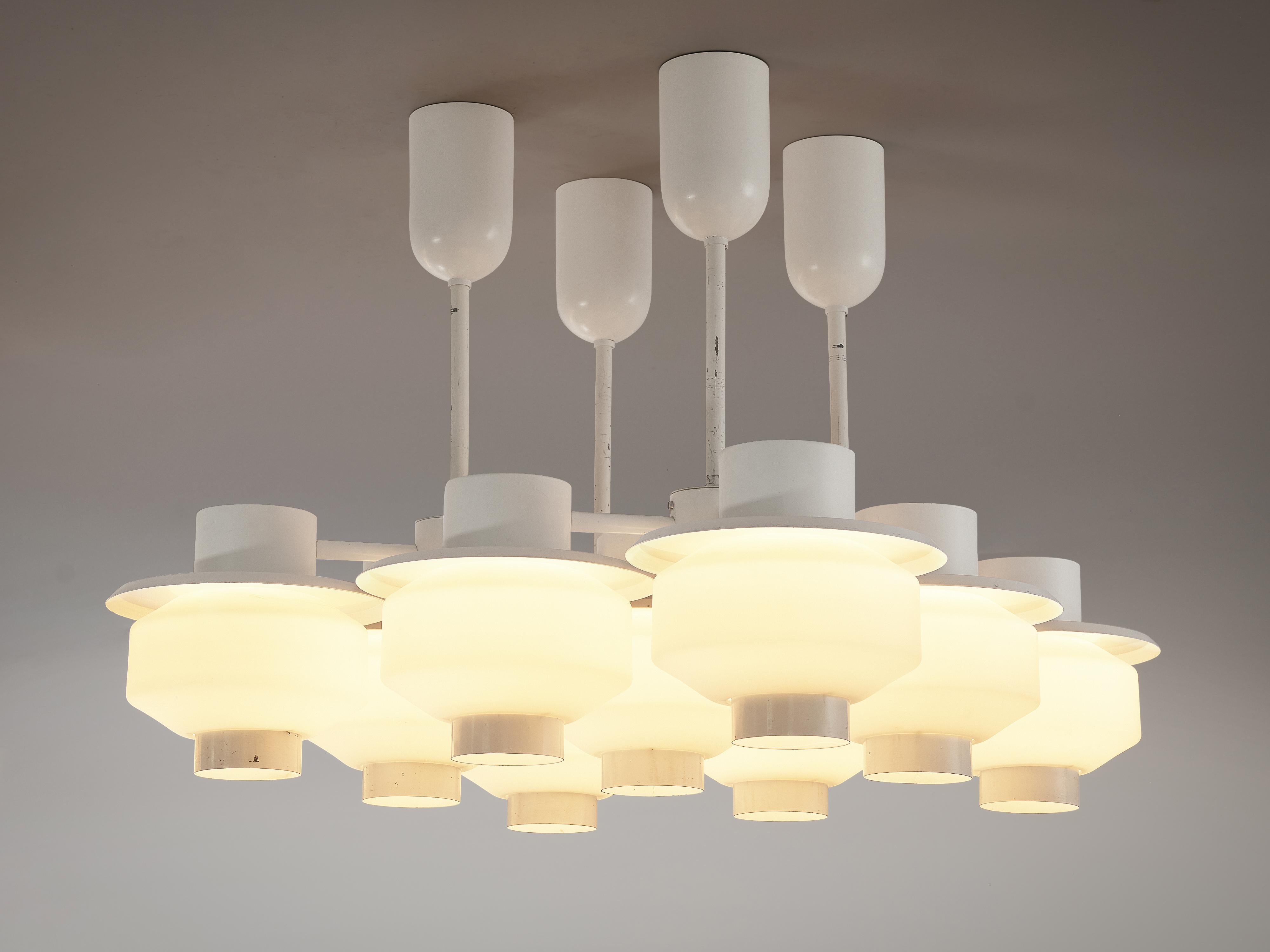 Mid-20th Century Paavo Tynell for Idman Rare Chandelier in White Steel and Opaline Glass For Sale