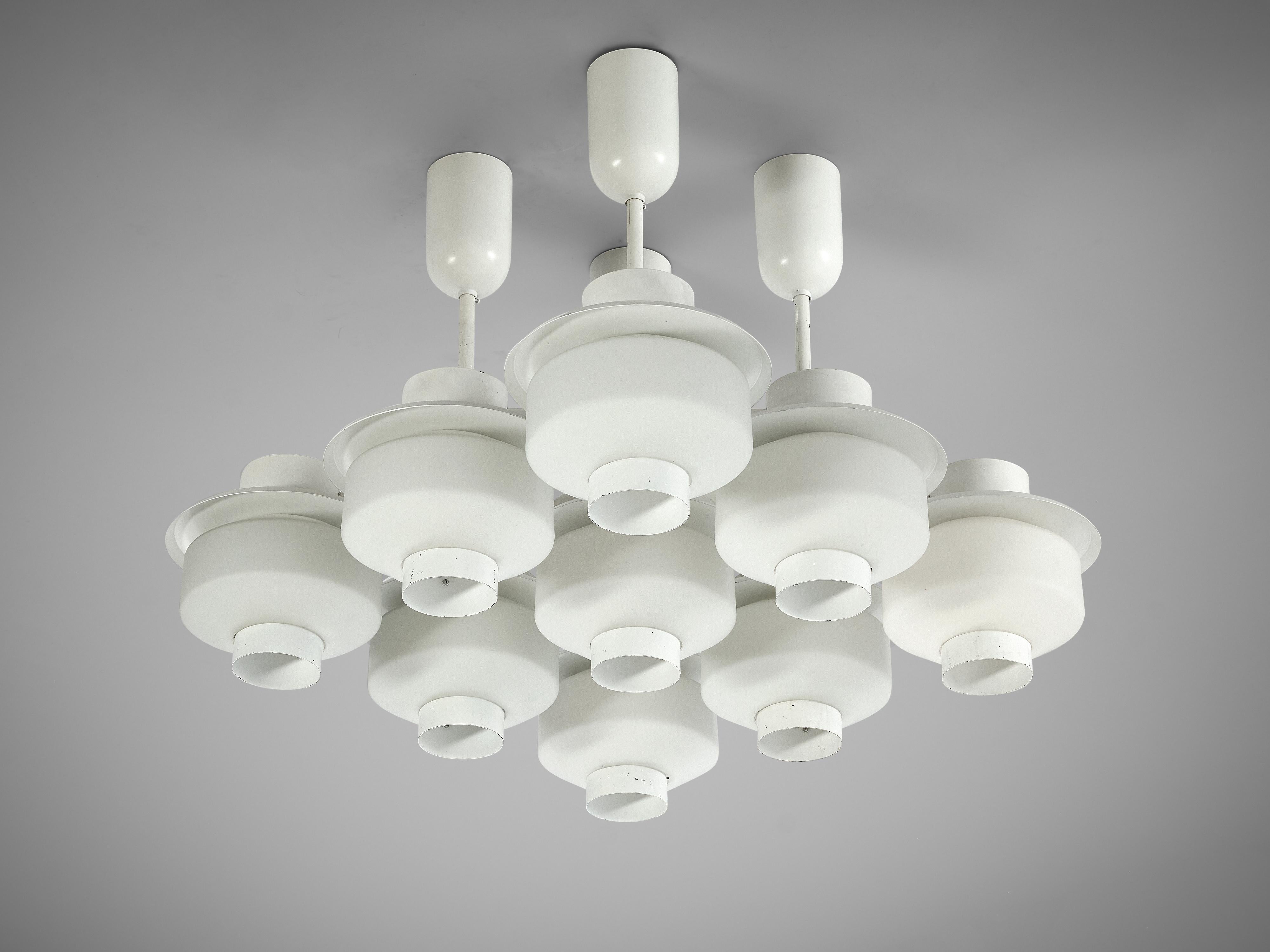 Paavo Tynell for Idman Rare Chandelier in White Steel and Opaline Glass For Sale 1
