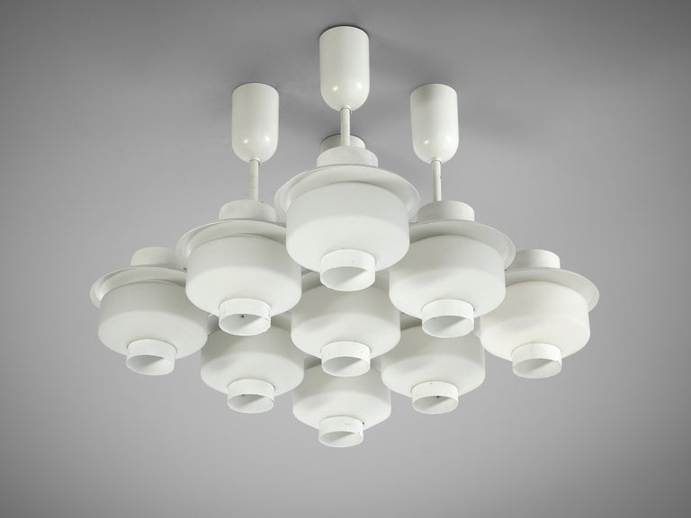 Paavo Tynell for Idman Rare Chandeliers in White Metal and Opaline Glass For Sale 1