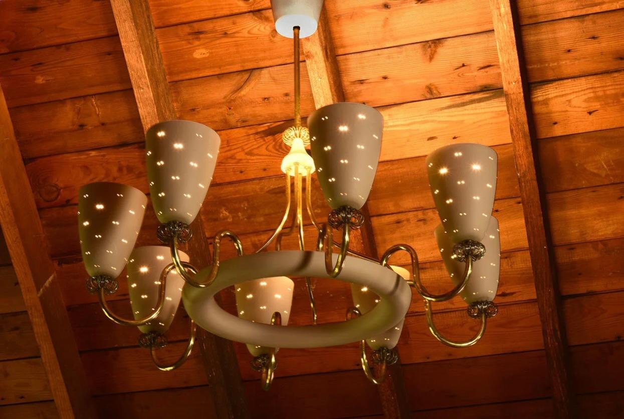 Paavo Tynell für Lightolier Seltener Ballerina Acht-Licht-Kronleuchter 1950er Jahre (Aluminium) im Angebot