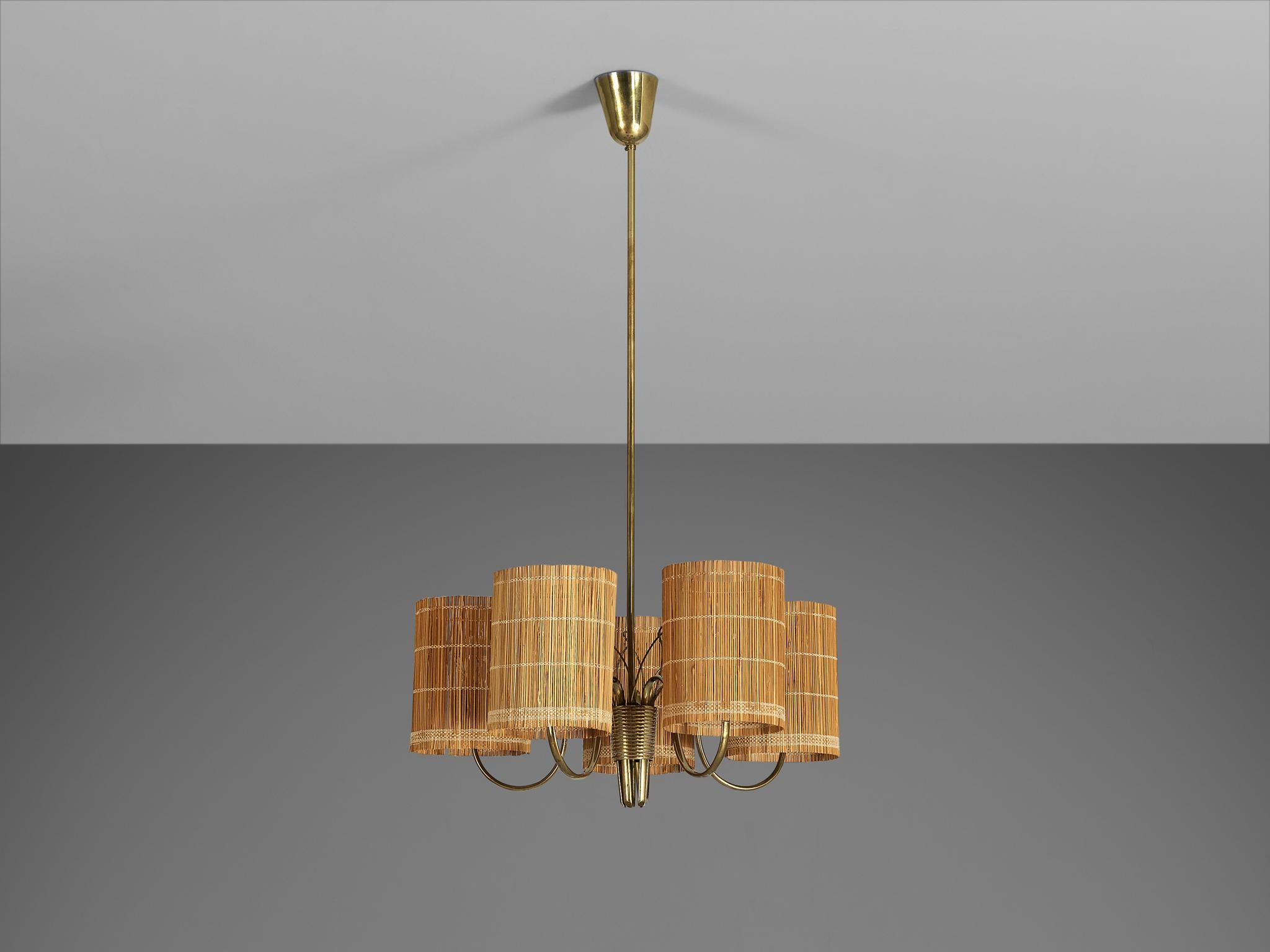 Paavo Tynell for Taito '9031' Chandelier in Brass with Cane Shades 5