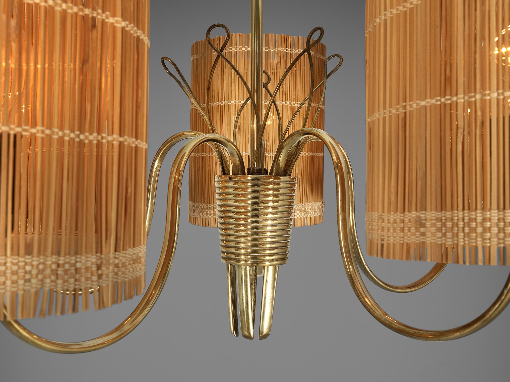 Scandinavian Modern Paavo Tynell for Taito '9031' Chandelier in Brass with Cane Shades
