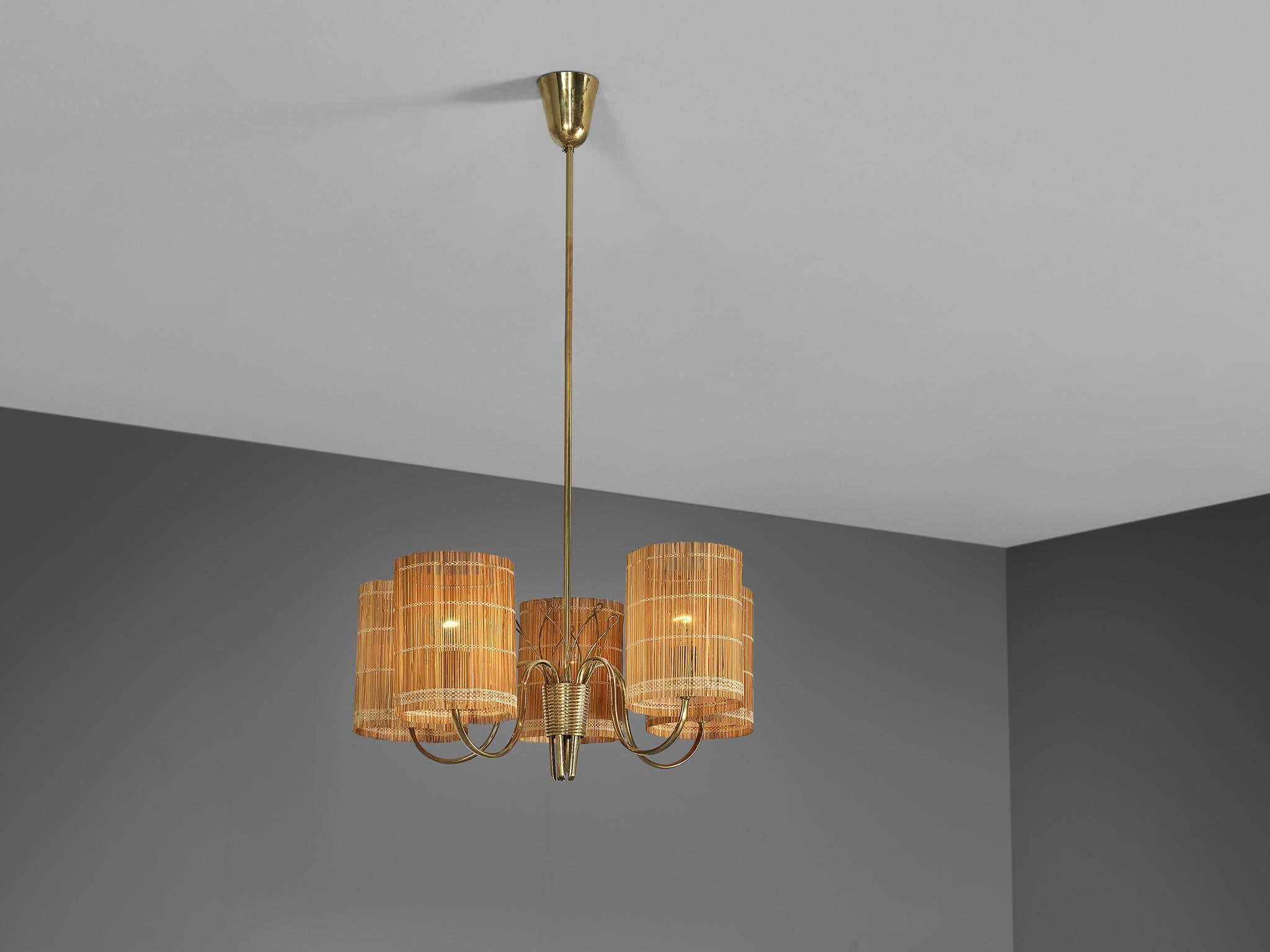 Finnish Paavo Tynell for Taito '9031' Chandelier in Brass with Cane Shades