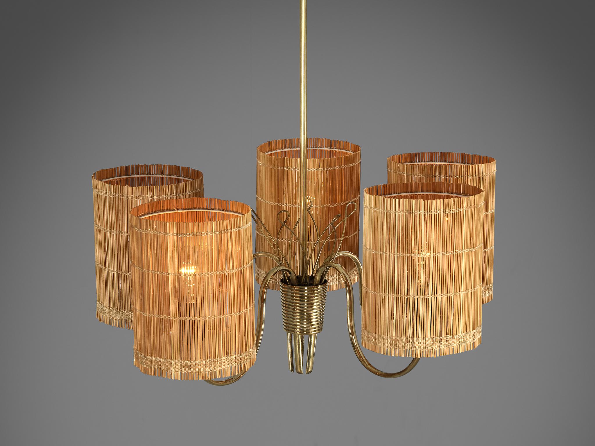 Paavo Tynell for Taito '9031' Chandelier in Brass with Cane Shades 2