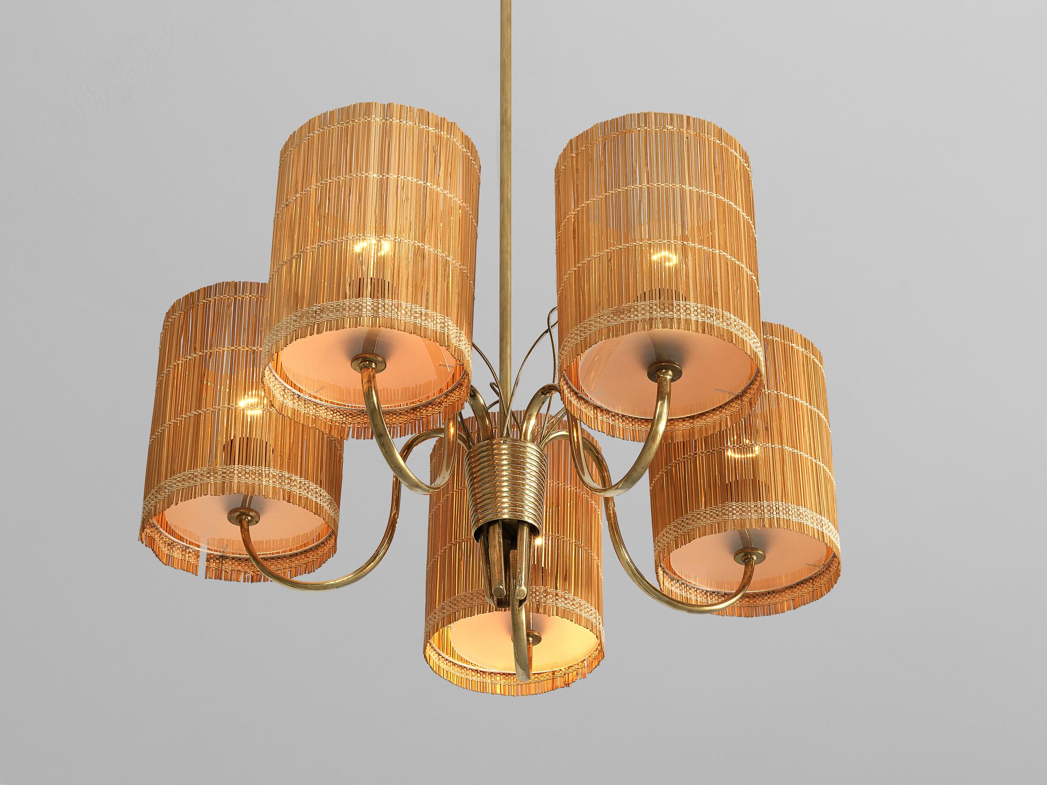 Paavo Tynell for Taito '9031' Chandelier in Brass with Cane Shades 3