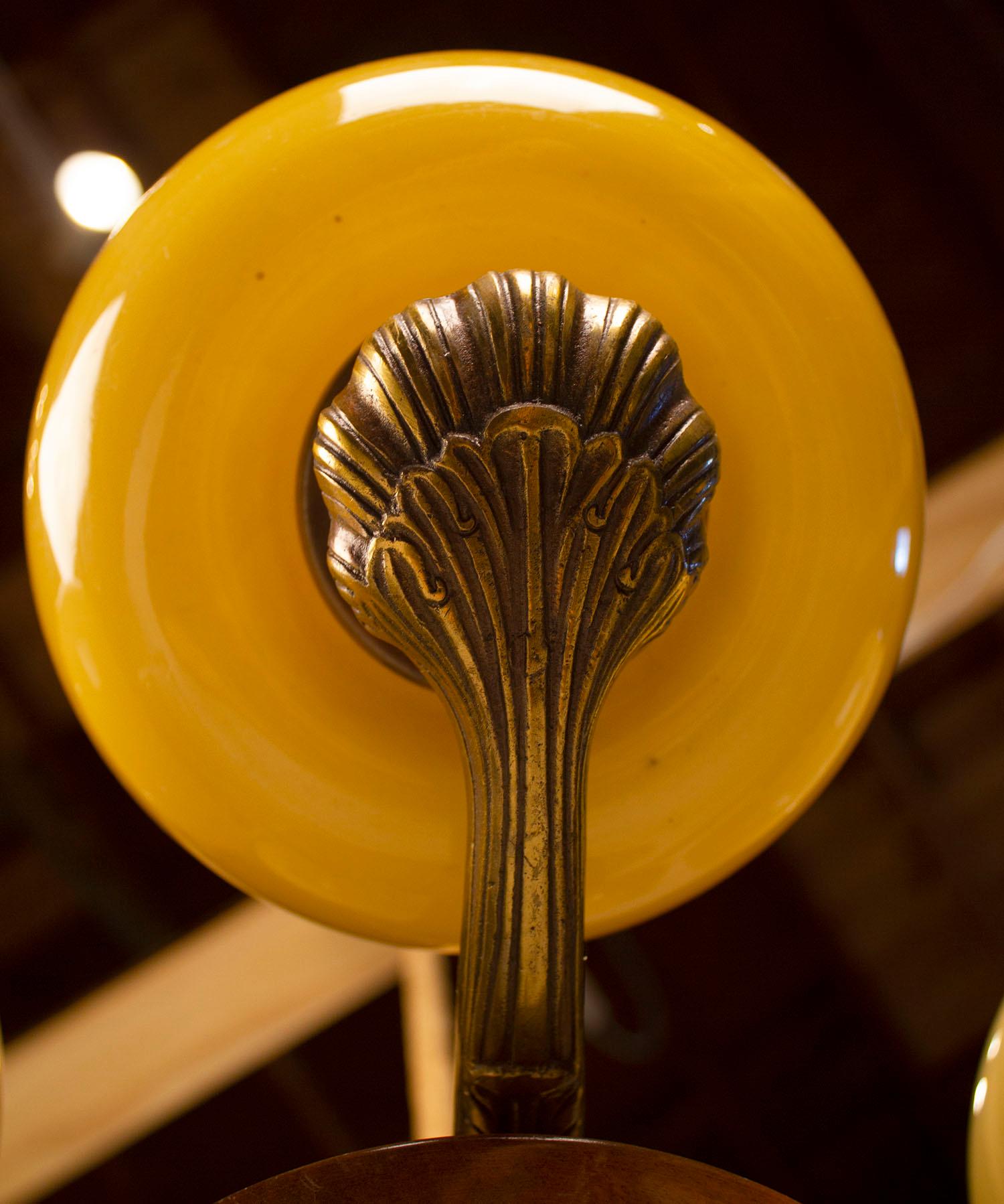 20th Century Paavo Tynell for Taito Art Deco Chandelier in Walnut & Yellow Ochre Glass, 1930s
