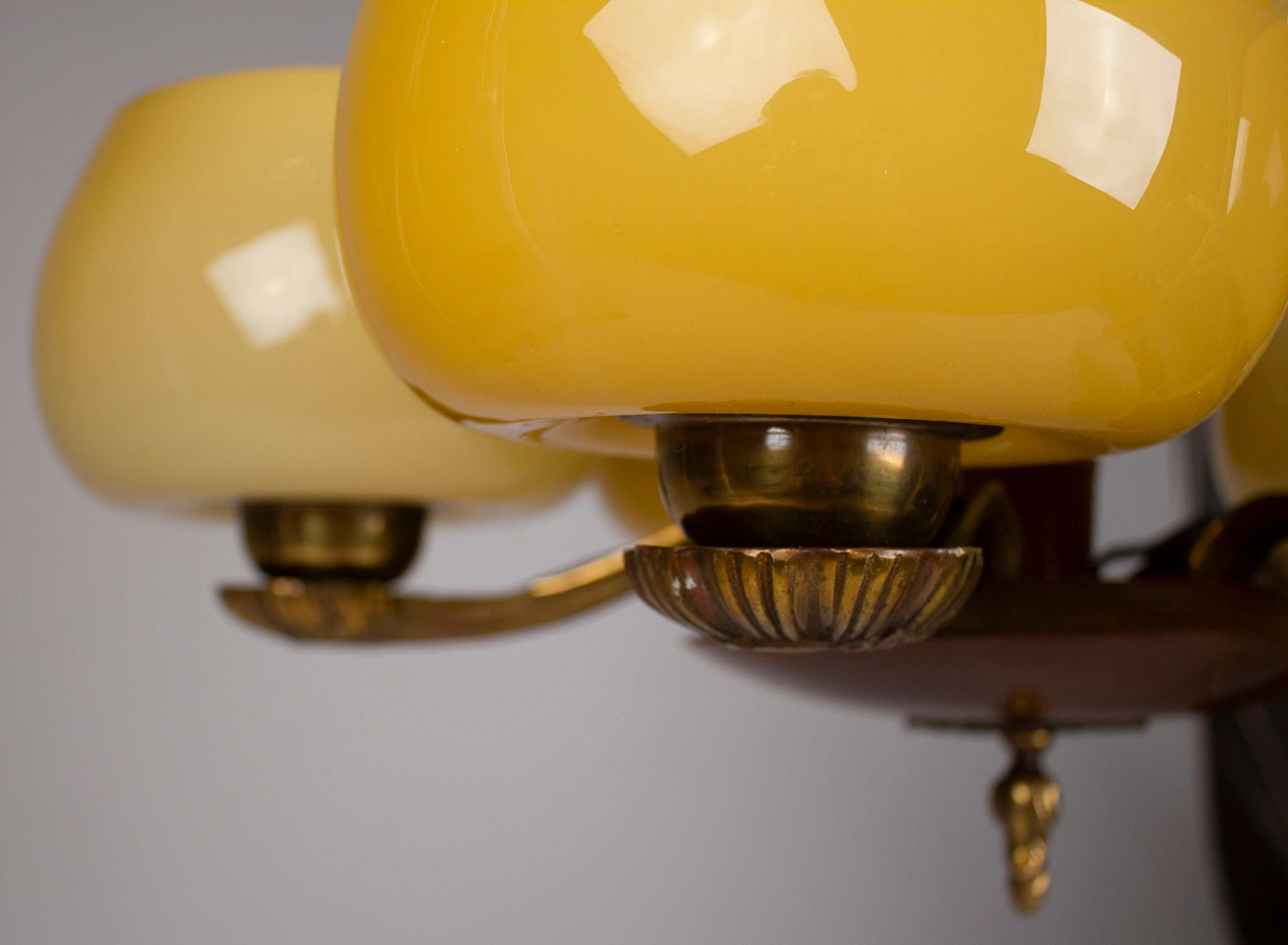 Paavo Tynell for Taito Art Deco Chandelier in Walnut & Yellow Ochre Glass, 1930s 1