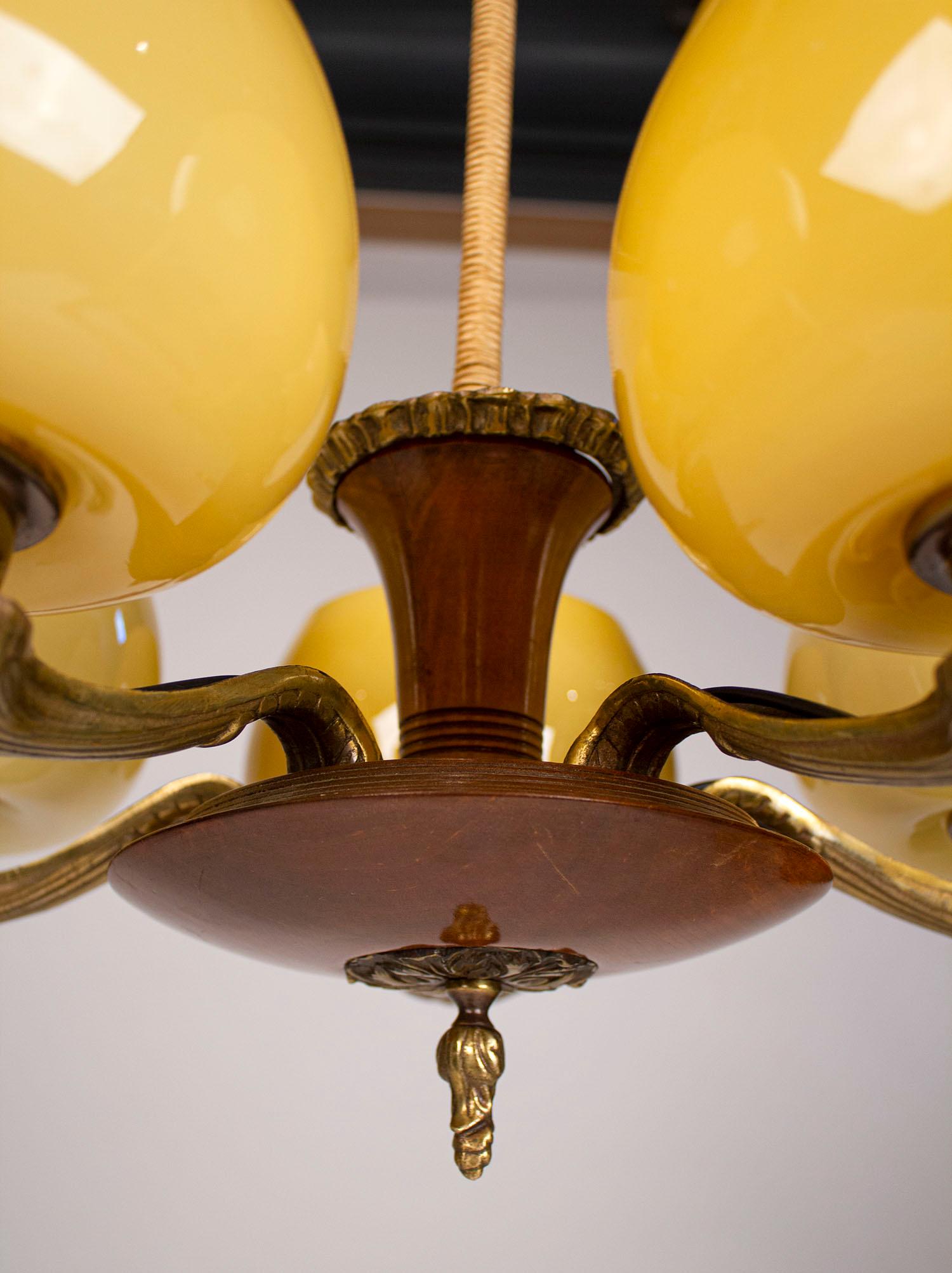 Paavo Tynell for Taito Art Deco Chandelier in Walnut & Yellow Ochre Glass, 1930s 2