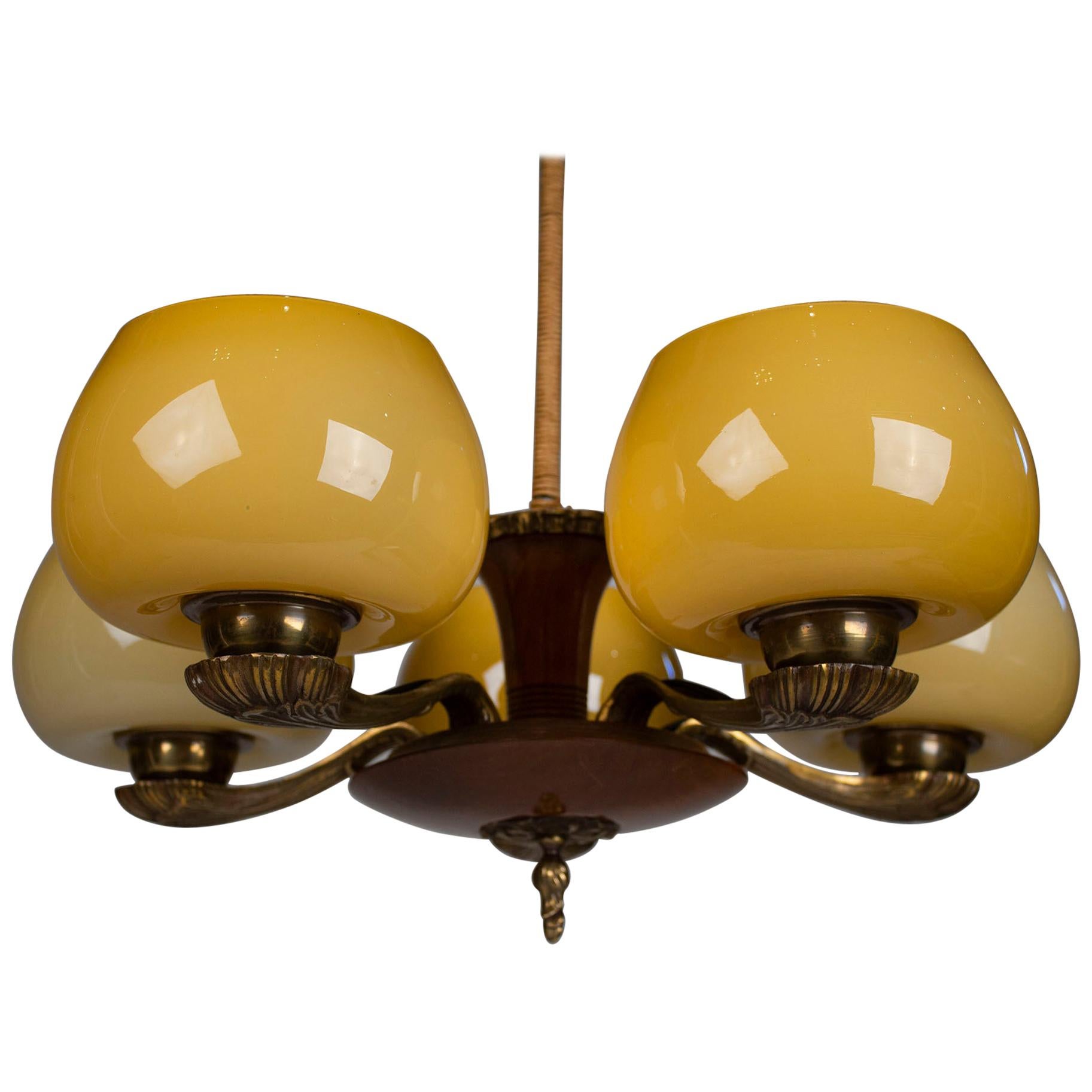 Paavo Tynell for Taito Art Deco Chandelier in Walnut & Yellow Ochre Glass, 1930s